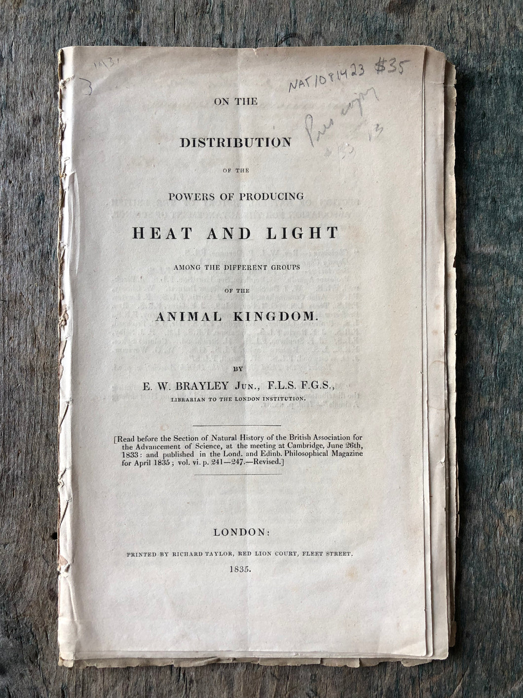 On the Distribution of the Powers of Producing Heat and Light Among the Different Groups of the Animal Kingdom bound with Nature of Vision in the Invertebrate Animals by E. W. Bradley PRESENTATION COPY