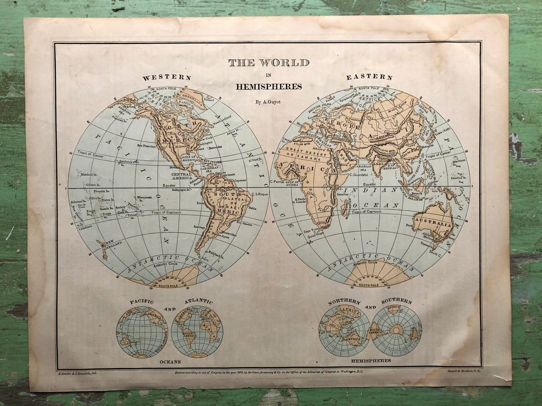 Map of The World in Hemispheres from Guyot's New Intermediate Geography