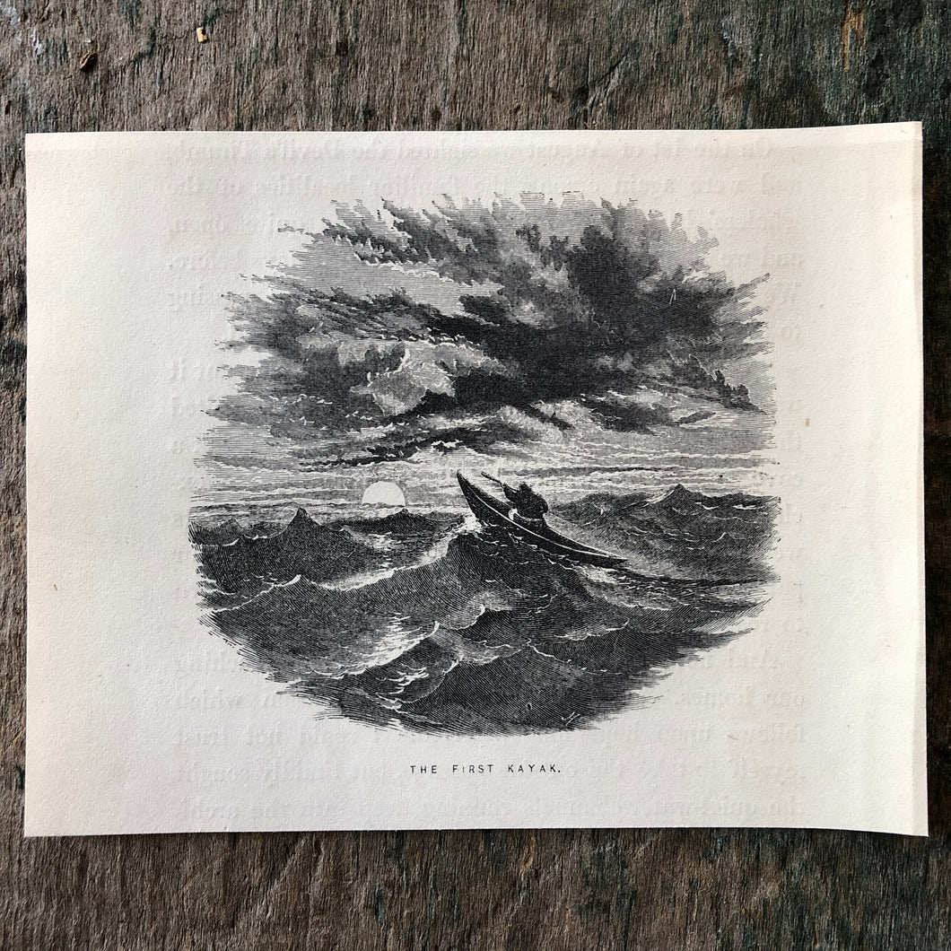 The First Kayak. Print from “Arctic Exploration: the Second Grinnell Expedition to Find Sir John Franklin, 1853, 54, 55” by Elisha Kent Kane
