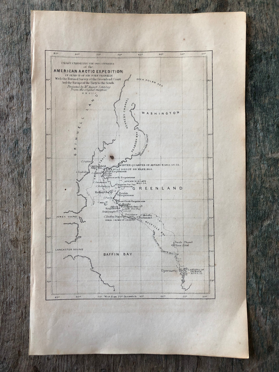 American Arctic Expedition Map. Print from “Arctic Exploration: the Second Grinnell Expedition to Find Sir John Franklin, 1853, 54, 55” by Elisha Kent Kane