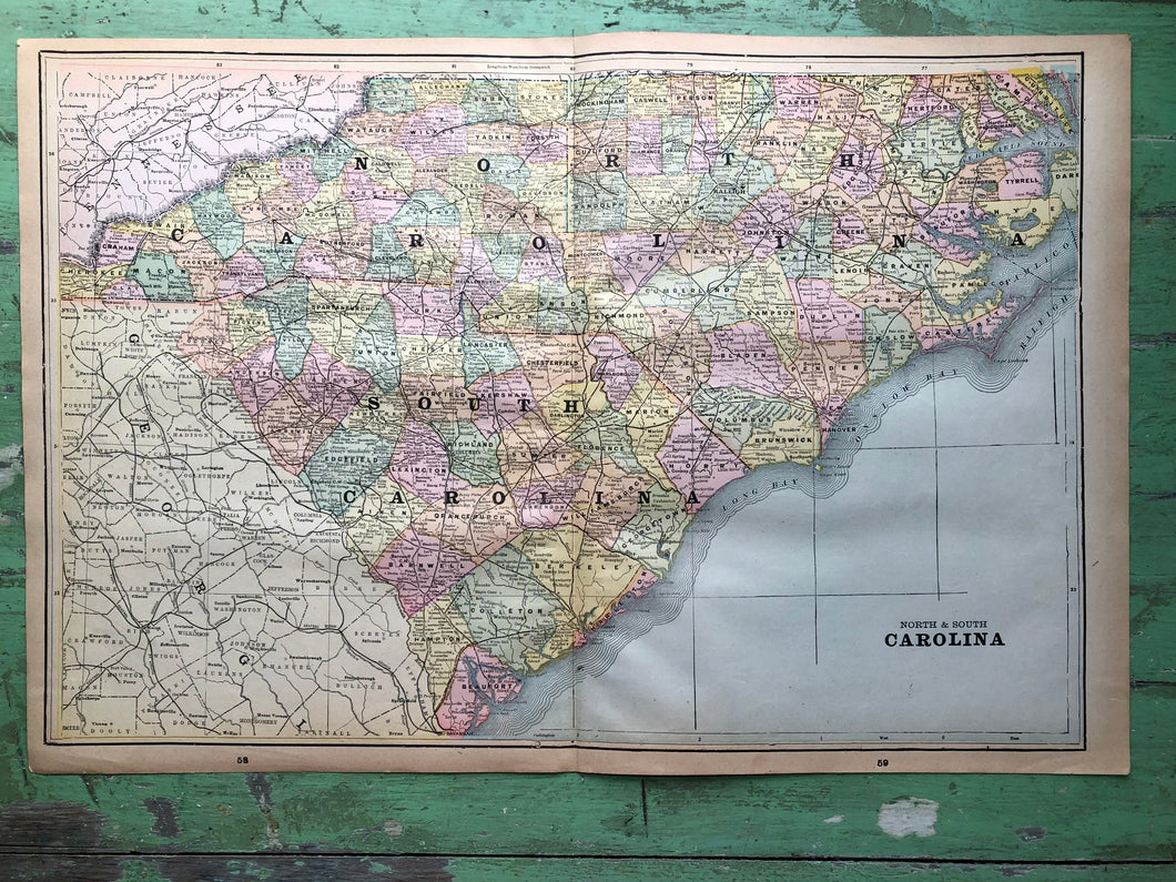 Map of North and South Carolina from “Cram’s Universal Atlas Geographical, Astronomical and Historical