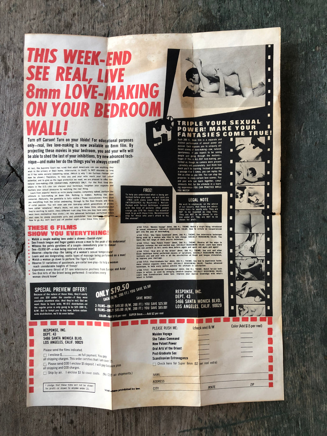 Advertisement Poster and Order Form for Six 8mm Pornographic Films