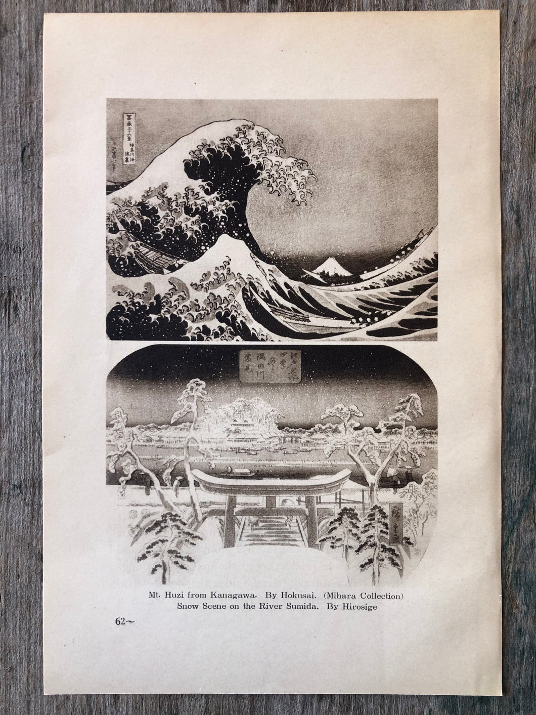 Print: Mt. Huzi from Kanagawa. By Hokusai. Snow Scene on the River Sumida. By Hirosige