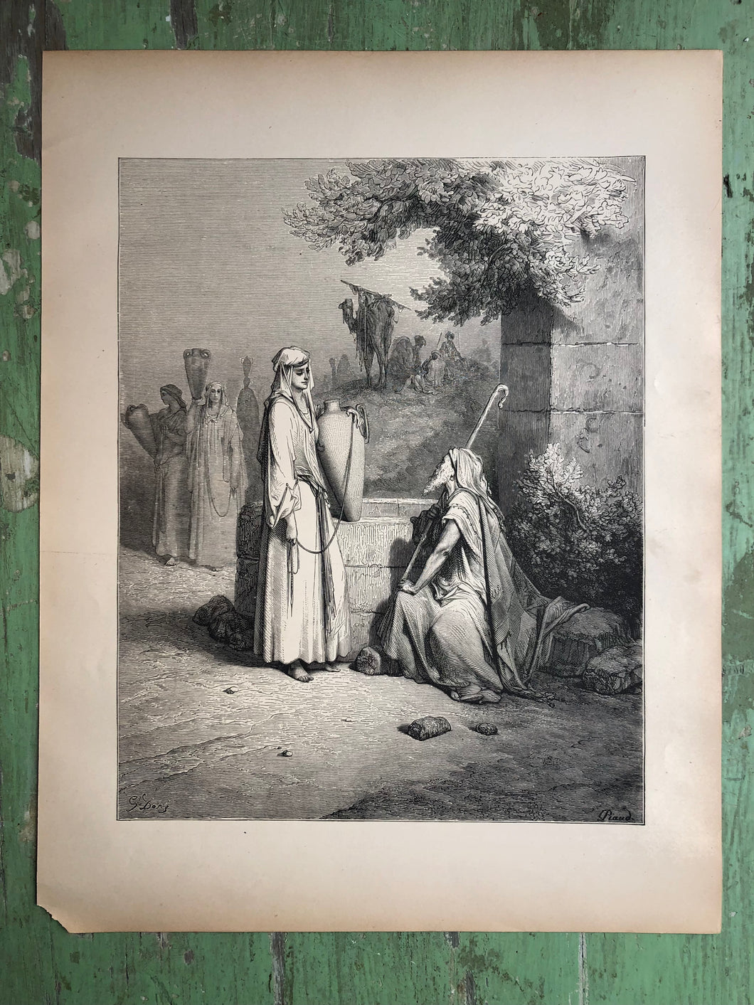 Eliezer and Rebekah. Print from The Dore Bible Gallery by Gustave Dore